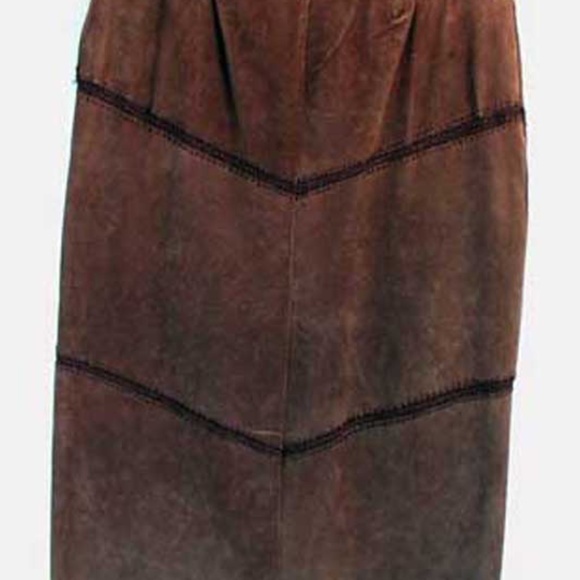 SUEDE LONG SKIRT & CROCHET LACE HEM, ORIGINAL TAGS ON, MISSES 16, DARK BROWN, - Picture 1 of 8